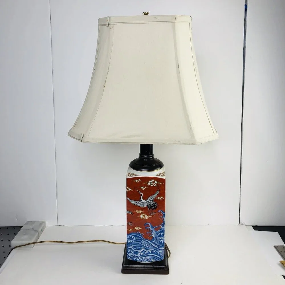 Chinese Square Orange Red Porcelain Lamp Shade Birds Sea Cloud Gold Hand painted